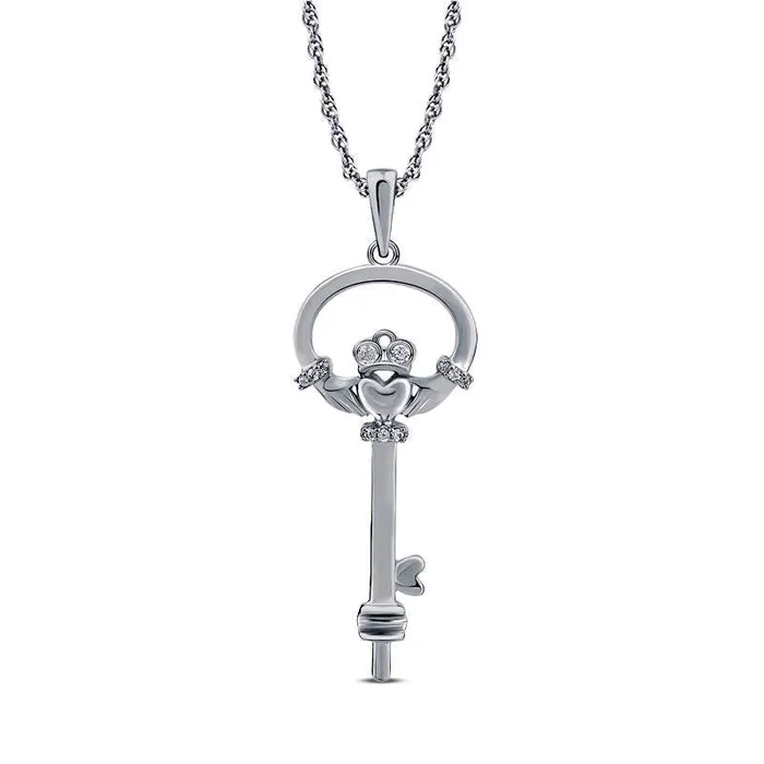 Necklaces Goldia 005 CT TW Natural Diamond Claddagh Key Pendant in Sterling Silver Necklaces Goldia 005 CT TW Natural Diamond Claddagh Key Pendant in Sterling Silver