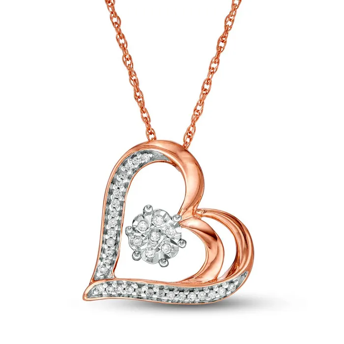 Necklaces Goldia 007 CT TW Natural Diamond Tilted Double Heart Outline Pendant in Sterling Silver with 14K Rose Gold Plate Necklaces Goldia 007 CT TW Natural Diamond Tilted Double Heart Outline Pendant in Sterling Silver with 14K Rose Gold Plate