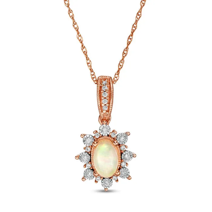 Necklaces Goldia Oval Opal and 007 CT TW Natural Diamond Sun Frame Antique VintageStyle Pendant in 10K Rose Gold Necklaces Goldia Oval Opal and 007 CT TW Natural Diamond Sun Frame Antique VintageStyle Pendant in 10K Rose Gold