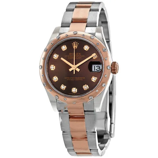 Original Rolex Datejust 31 Chocolate Diamond Dial Automatic Ladies Steel and 18kt Rose Gold Oyster Watch 278341CHDO JMS always Earrings Original Rolex Datejust 31 Chocolate Diamond Dial Automatic Ladies Steel and 18kt Rose Gold Oyster Watch 278341CHDO JMS always Earrings