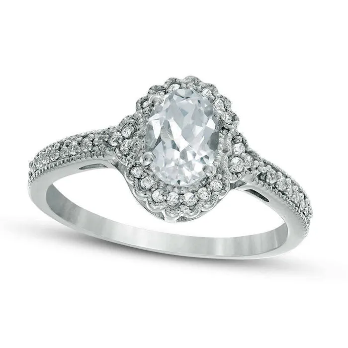 Oval LabCreated White Sapphire and 013 CT TW Diamond Frame Antique VintageStyle Ring in Solid 10K White Gold Goldia Rings Oval LabCreated White Sapphire and 013 CT TW Diamond Frame Antique VintageStyle Ring in Solid 10K White Gold Goldia Rings