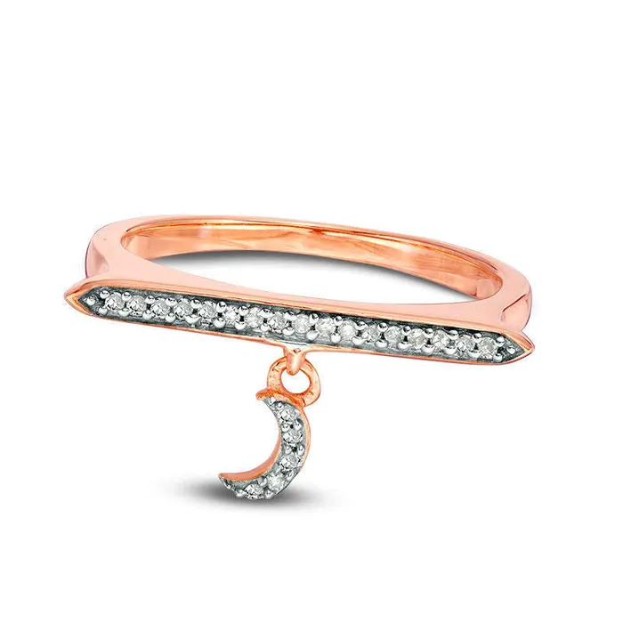 Rings Goldia 010 CT TW Natural Diamond Bar and Crescent Moon Charm Ring in Sterling Silver with Solid 14K Rose Gold Plate Rings Goldia 010 CT TW Natural Diamond Bar and Crescent Moon Charm Ring in Sterling Silver with Solid 14K Rose Gold Plate
