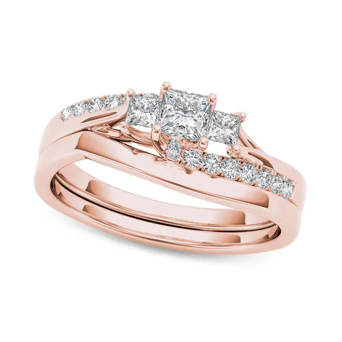 Rings Goldia 050 CT TW PrincessCut Natural Diamond Three Stone Bypass Bridal Engagement Ring Set in Solid 14K Rose Gold Rings Goldia 050 CT TW PrincessCut Natural Diamond Three Stone Bypass Bridal Engagement Ring Set in Solid 14K Rose Gold