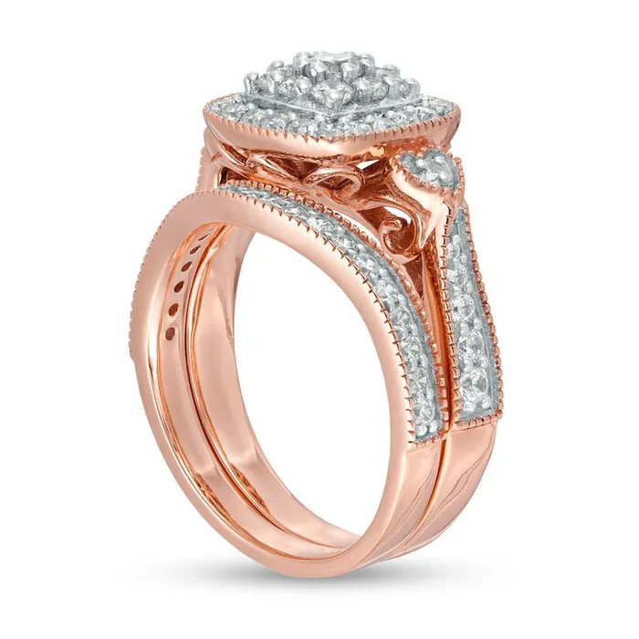 Rings Goldia 10 CT TW Composite Natural Diamond Cushion Frame HeartSides Antique VintageStyle Bridal Engagement Ring Set in Solid 10K Rose Gold Rings Goldia 10 CT TW Composite Natural Diamond Cushion Frame HeartSides Antique VintageStyle Bridal Engagement Ring Set in Solid 10K Rose Gold