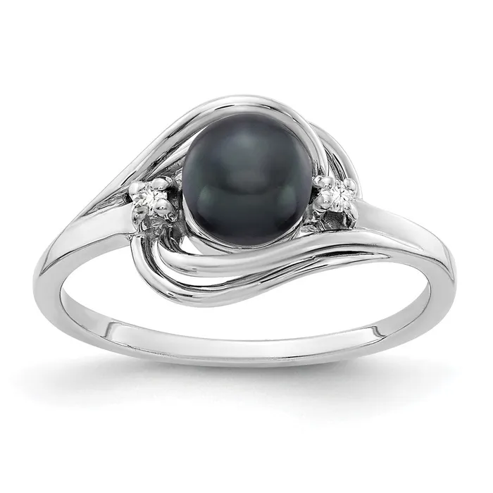 Rings Goldiacom 14k White Gold 55mm Black FW Cultured Pearl AA Real Diamond ring Rings Goldiacom 14k White Gold 55mm Black FW Cultured Pearl AA Real Diamond ring