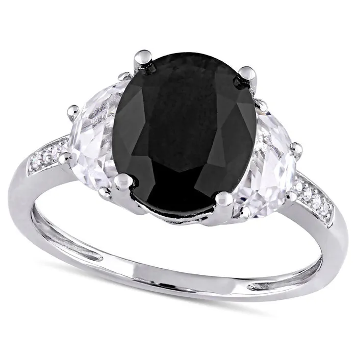 Rings Goldia Oval Black Sapphire HalfMoon LabCreated White Sapphire and Diamond Accent Three Stone Ring in Sterling Silver Rings Goldia Oval Black Sapphire HalfMoon LabCreated White Sapphire and Diamond Accent Three Stone Ring in Sterling Silver