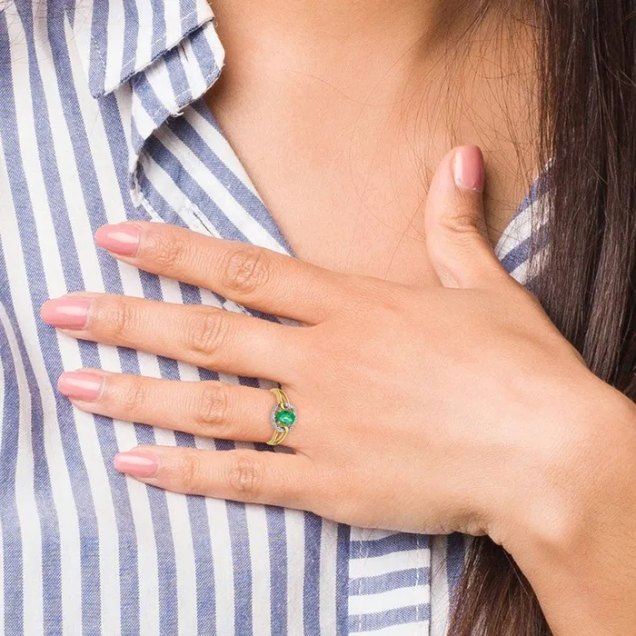 Rings Solid 14k Yellow Gold Simulated CZ and Oval Emerald Ring Goldia