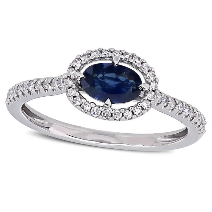 Sideways Oval Blue Sapphire and 020 CT TW Natural Diamond Frame Ring in Solid 14K White Gold Goldia Rings Sideways Oval Blue Sapphire and 020 CT TW Natural Diamond Frame Ring in Solid 14K White Gold Goldia Rings
