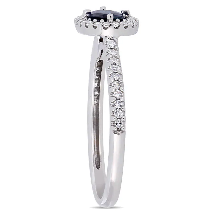 Sideways Oval Blue Sapphire and 020 CT TW Natural Diamond Frame Ring in Solid 14K White Gold Goldia Rings Sideways Oval Blue Sapphire and 020 CT TW Natural Diamond Frame Ring in Solid 14K White Gold Goldia Rings