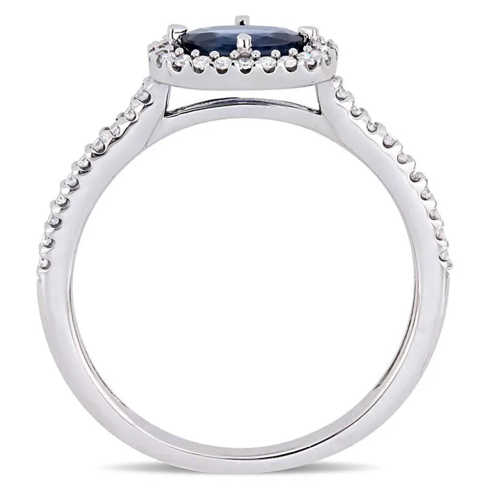Sideways Oval Blue Sapphire and 020 CT TW Natural Diamond Frame Ring in Solid 14K White Gold Goldia Rings Sideways Oval Blue Sapphire and 020 CT TW Natural Diamond Frame Ring in Solid 14K White Gold Goldia Rings