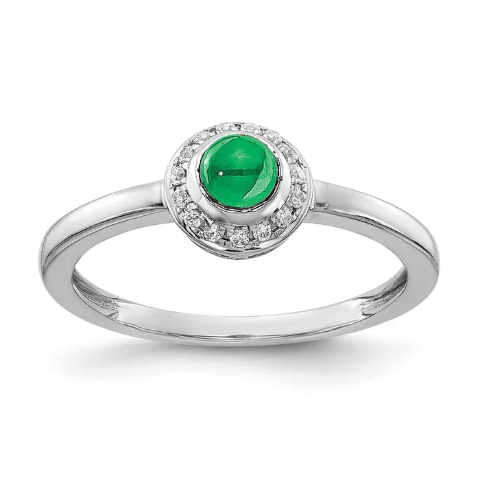 Solid 14k White Gold Simulated CZ and Cabochon Emerald Ring Goldia Rings
