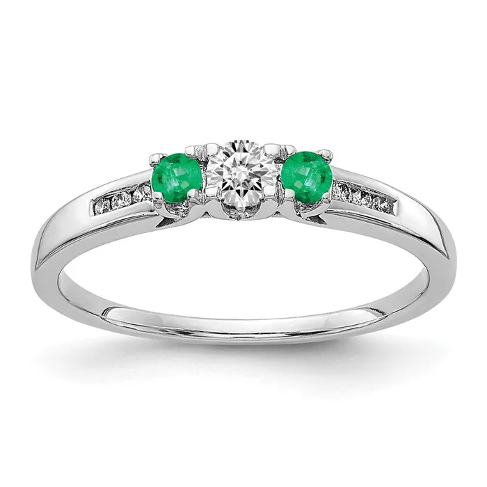 Solid 14k White Gold Simulated CZ and Emerald 3stone Ring Goldia Rings