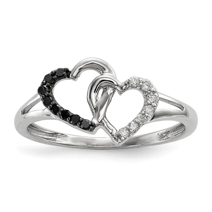 Sterling Silver Black and White Diamond Double Heart Ring Goldia Rings