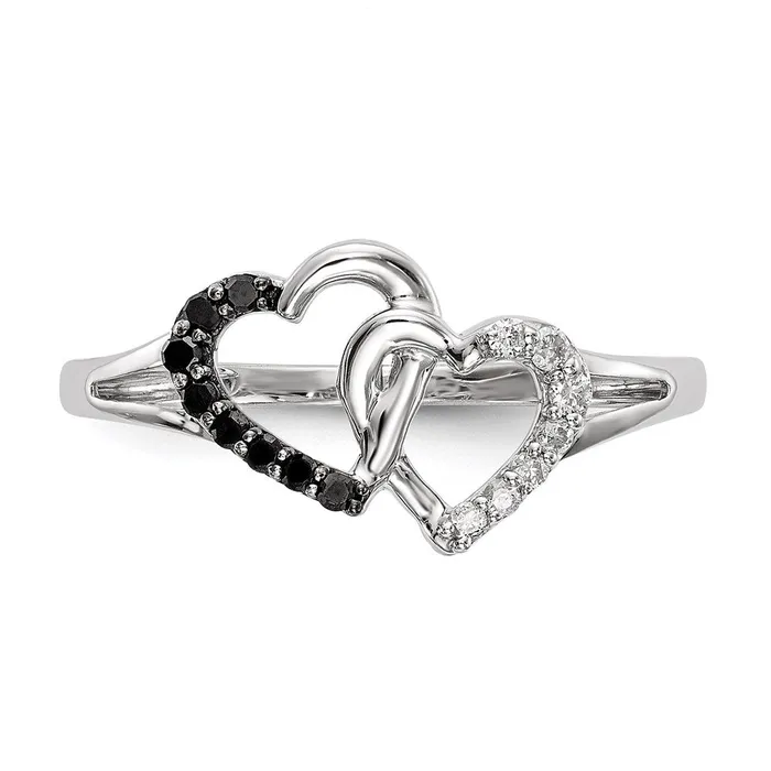 Sterling Silver Black and White Diamond Double Heart Ring Goldia Rings
