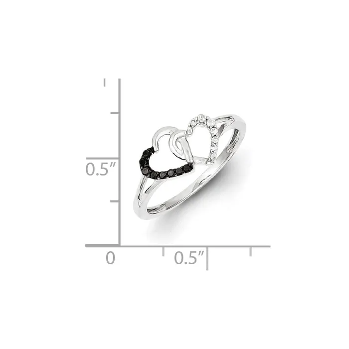 Sterling Silver Black and White Diamond Double Heart Ring Goldia Rings