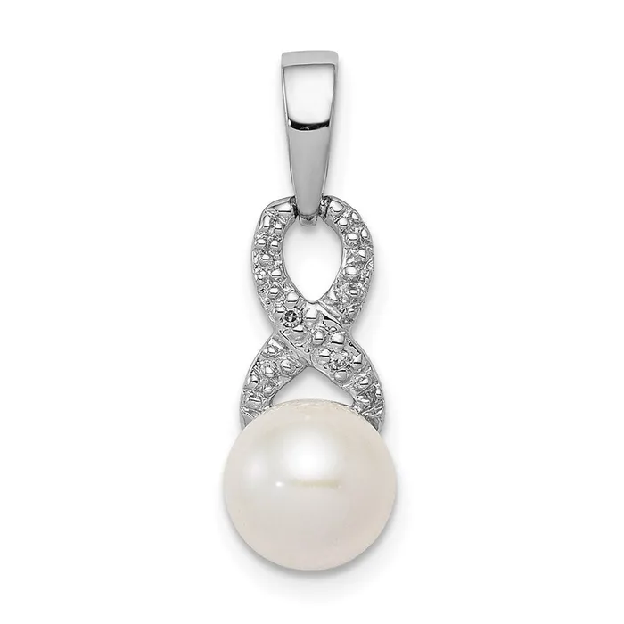 Sterling Silver Rhod Plated Diamond and FW Cultured Pearl Pendant Goldia Necklaces Sterling Silver Rhod Plated Diamond and FW Cultured Pearl Pendant Goldia Necklaces