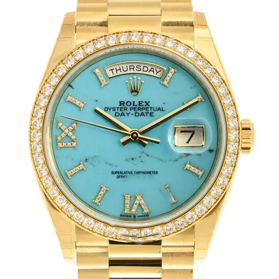 Watches JMS always Original Rolex DayDate 36 Turquoise Diamond Dial Automatic 18kt Yellow Gold President Watch 128348TQRSDP Watches JMS always Original Rolex DayDate 36 Turquoise Diamond Dial Automatic 18kt Yellow Gold President Watch 128348TQRSDP