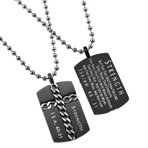 Black Dog Tag Isaiah 4031 STRENGTH Christian Cross Necklace Steel Ball Chain North Arrow Shop Necklaces Black Dog Tag Isaiah 4031 STRENGTH Christian Cross Necklace Steel Ball Chain North Arrow Shop Necklaces