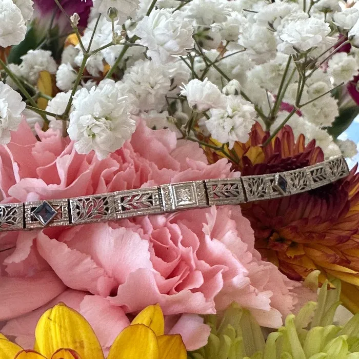 Bracelets 14 Karat White Gold Art Deco Diamond Synthetic Sapphire Bracelet 54000071 ONeills Estate Jewelry Bracelets 14 Karat White Gold Art Deco Diamond Synthetic Sapphire Bracelet 54000071 ONeills Estate Jewelry