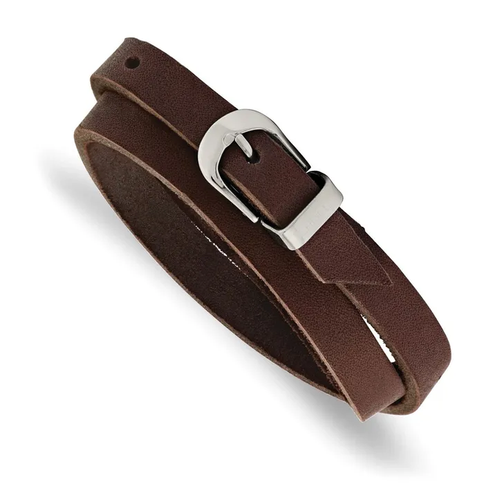Bracelets TreasureFineJewelers Chisel Stainless Steel Polished Brown Leather 85 inch Adjustable Wrap Bracelet Bracelets TreasureFineJewelers Chisel Stainless Steel Polished Brown Leather 85 inch Adjustable Wrap Bracelet