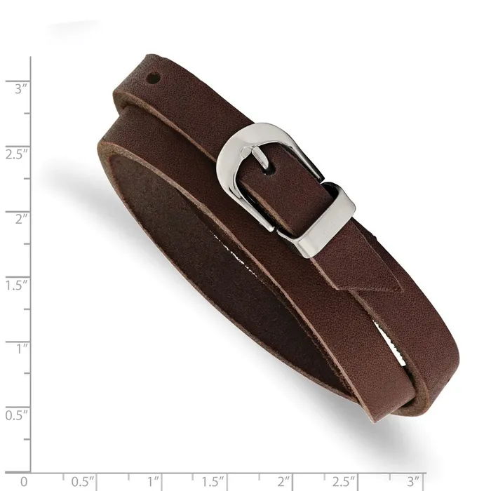 Bracelets TreasureFineJewelers Chisel Stainless Steel Polished Brown Leather 85 inch Adjustable Wrap Bracelet