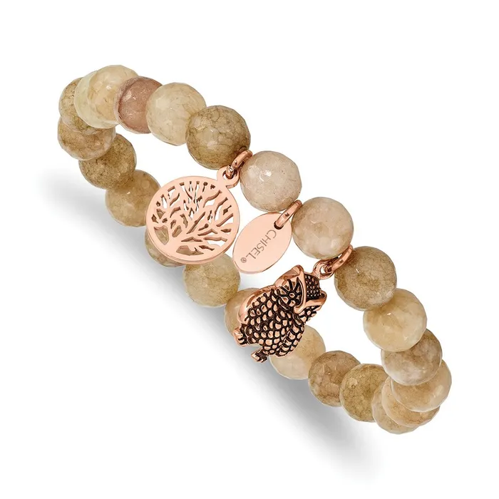 Chisel Stainless Steel Antiqued and Polished Rose IPplated Owl and Tree of Life 8mm Taupe Dyed Jade Beaded Stretch Bracelet TreasureFineJewelers Bracelets Chisel Stainless Steel Antiqued and Polished Rose IPplated Owl and Tree of Life 8mm Taupe Dyed Jade Beaded Stretch Bracelet TreasureFineJewelers Bracelets
