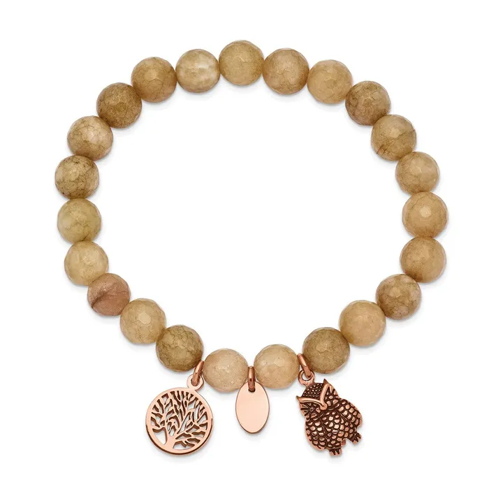 Chisel Stainless Steel Antiqued and Polished Rose IPplated Owl and Tree of Life 8mm Taupe Dyed Jade Beaded Stretch Bracelet TreasureFineJewelers Bracelets