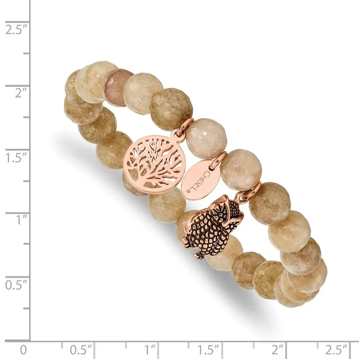 Chisel Stainless Steel Antiqued and Polished Rose IPplated Owl and Tree of Life 8mm Taupe Dyed Jade Beaded Stretch Bracelet TreasureFineJewelers Bracelets