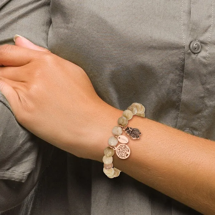 Chisel Stainless Steel Antiqued and Polished Rose IPplated Owl and Tree of Life 8mm Taupe Dyed Jade Beaded Stretch Bracelet TreasureFineJewelers Bracelets