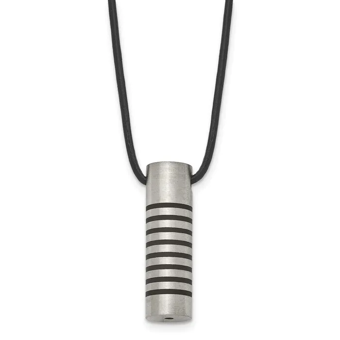 Chisel Stainless Steel Brushed and Polished with Black Rubber Cylinder on a 18 inch Leather Cord Necklace TreasureFineJewelers Necklaces Chisel Stainless Steel Brushed and Polished with Black Rubber Cylinder on a 18 inch Leather Cord Necklace TreasureFineJewelers Necklaces