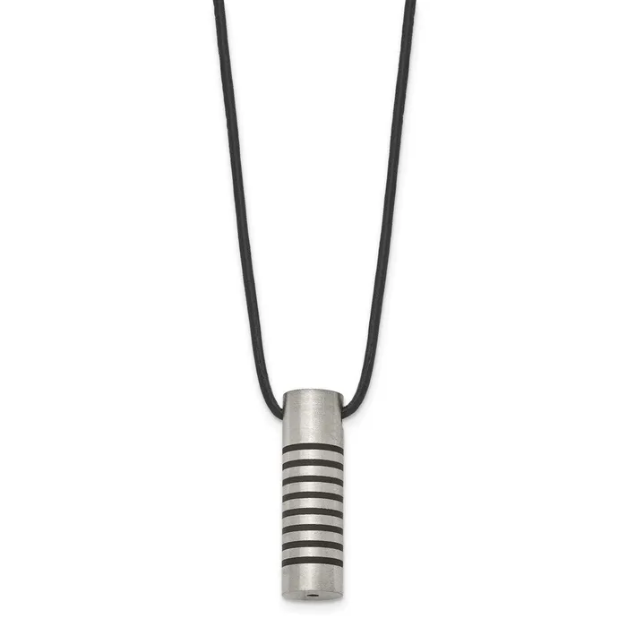 Chisel Stainless Steel Brushed and Polished with Black Rubber Cylinder on a 18 inch Leather Cord Necklace TreasureFineJewelers Necklaces