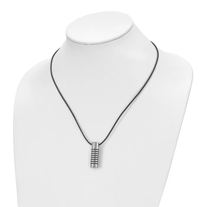 Chisel Stainless Steel Brushed and Polished with Black Rubber Cylinder on a 18 inch Leather Cord Necklace TreasureFineJewelers Necklaces