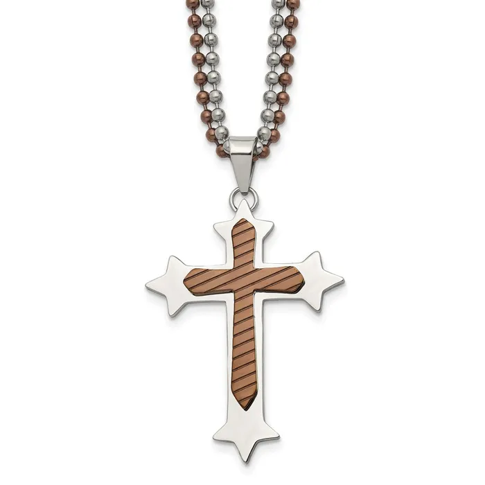 Chisel Stainless Steel Polished Brown IPplated Cross Pendant on 24 inch Double Ball Chain Necklace TreasureFineJewelers Necklaces