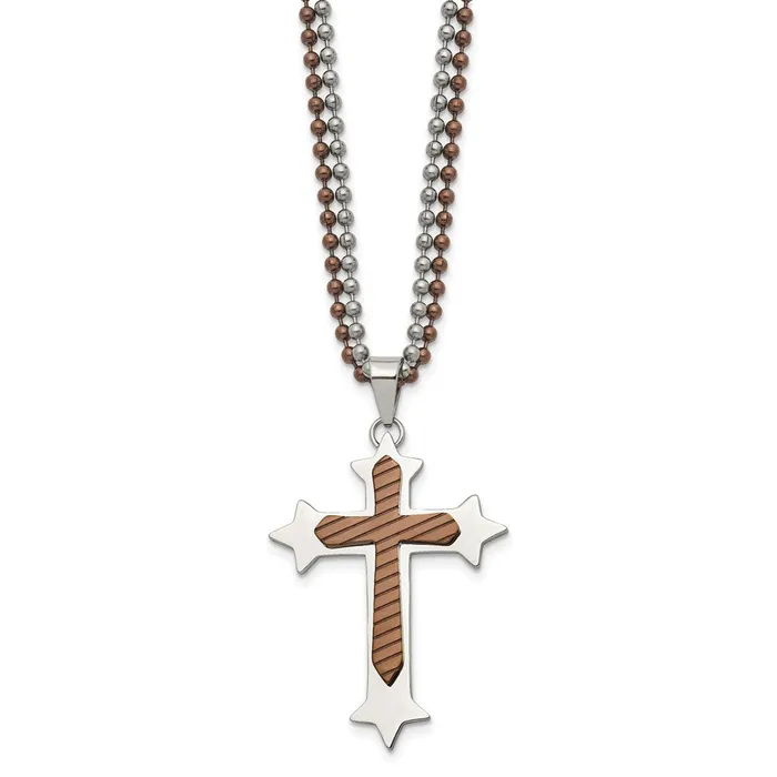 Chisel Stainless Steel Polished Brown IPplated Cross Pendant on 24 inch Double Ball Chain Necklace TreasureFineJewelers Necklaces