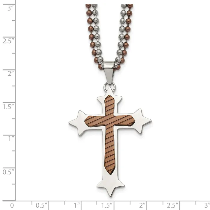 Chisel Stainless Steel Polished Brown IPplated Cross Pendant on 24 inch Double Ball Chain Necklace TreasureFineJewelers Necklaces