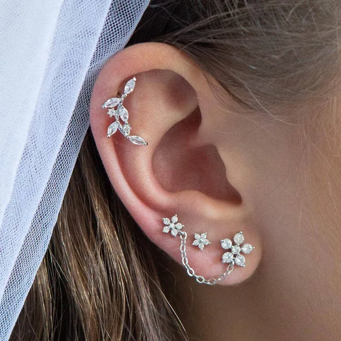 Earrings Curved Floral Crawler Piercing Barbell Earrings Ball Back Earrings Sleeper Earrings Trendolla Jewelry