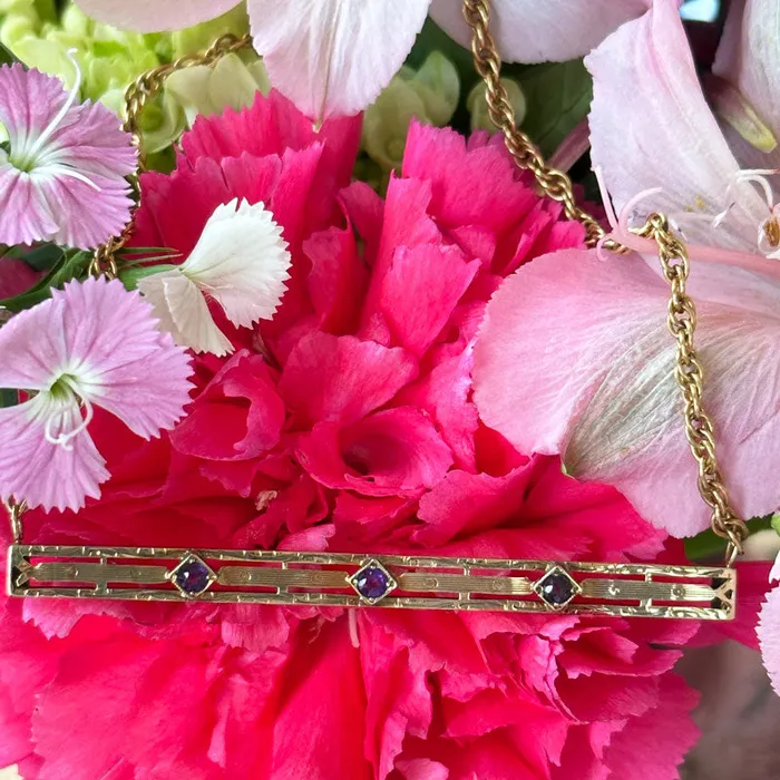 Necklaces 14 Karat Yellow Gold Amethyst Bar Pin Conversion Necklace 18000011 ONeills Estate Jewelry Necklaces 14 Karat Yellow Gold Amethyst Bar Pin Conversion Necklace 18000011 ONeills Estate Jewelry