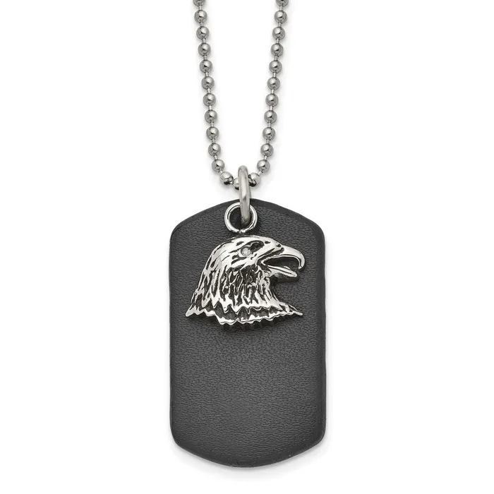 Necklaces Chisel Stainless Steel Polished and Antiqued Eagle Leather Dog Tag on a 22 inch Ball Chain Necklace TreasureFineJewelers Necklaces Chisel Stainless Steel Polished and Antiqued Eagle Leather Dog Tag on a 22 inch Ball Chain Necklace TreasureFineJewelers