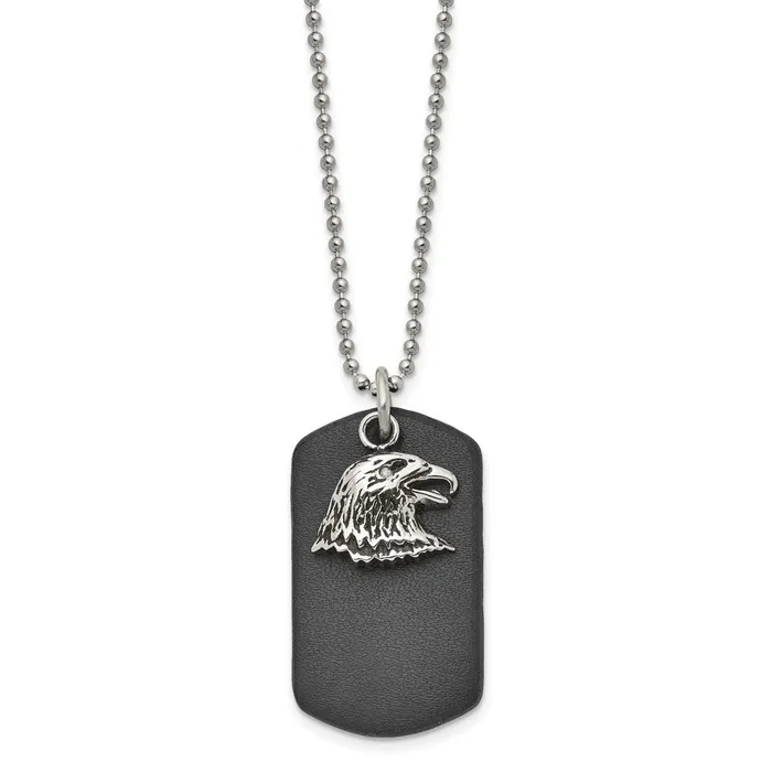 Necklaces Chisel Stainless Steel Polished and Antiqued Eagle Leather Dog Tag on a 22 inch Ball Chain Necklace TreasureFineJewelers