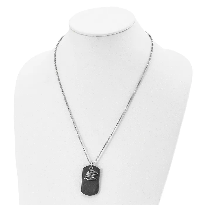 Necklaces Chisel Stainless Steel Polished and Antiqued Eagle Leather Dog Tag on a 22 inch Ball Chain Necklace TreasureFineJewelers