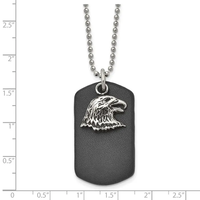Necklaces Chisel Stainless Steel Polished and Antiqued Eagle Leather Dog Tag on a 22 inch Ball Chain Necklace TreasureFineJewelers