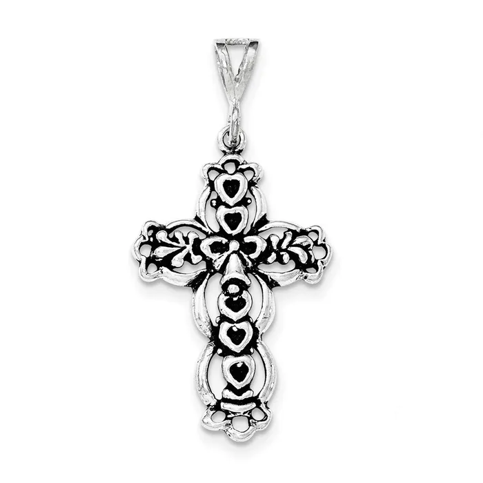 Necklaces Sterling Silver Antiqued Textured Hearts on Cross Pendant TreasureFineJewelers Necklaces Sterling Silver Antiqued Textured Hearts on Cross Pendant TreasureFineJewelers