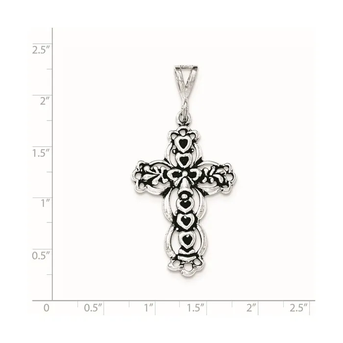 Necklaces Sterling Silver Antiqued Textured Hearts on Cross Pendant TreasureFineJewelers