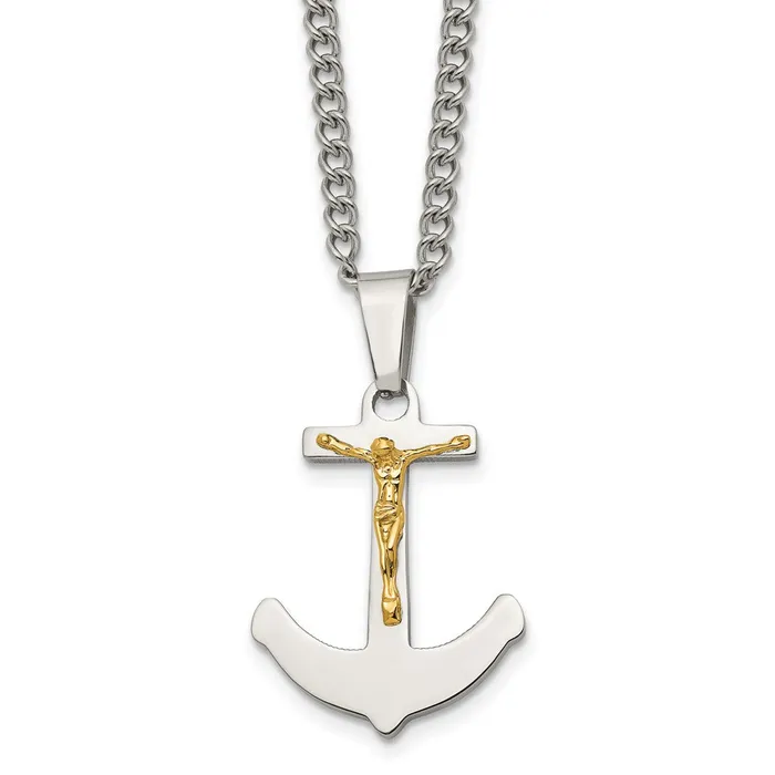 Necklaces TreasureFineJewelers Chisel Stainless Steel Polished with 14k Gold Crucifix Anchor Pendant on a 24 inch Curb Chain Necklace Necklaces TreasureFineJewelers Chisel Stainless Steel Polished with 14k Gold Crucifix Anchor Pendant on a 24 inch Curb Chain Necklace