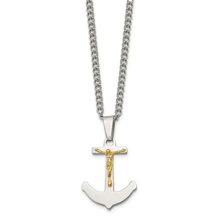 Necklaces TreasureFineJewelers Chisel Stainless Steel Polished with 14k Gold Crucifix Anchor Pendant on a 24 inch Curb Chain Necklace