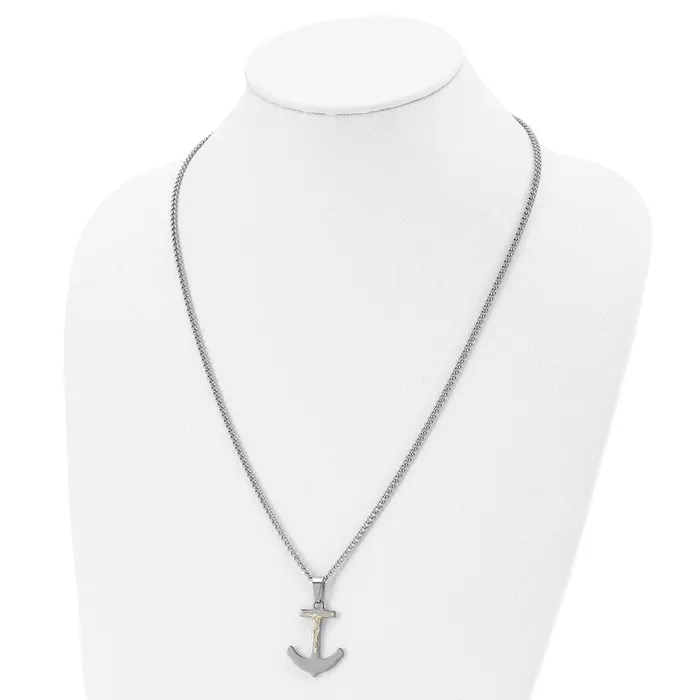 Necklaces TreasureFineJewelers Chisel Stainless Steel Polished with 14k Gold Crucifix Anchor Pendant on a 24 inch Curb Chain Necklace