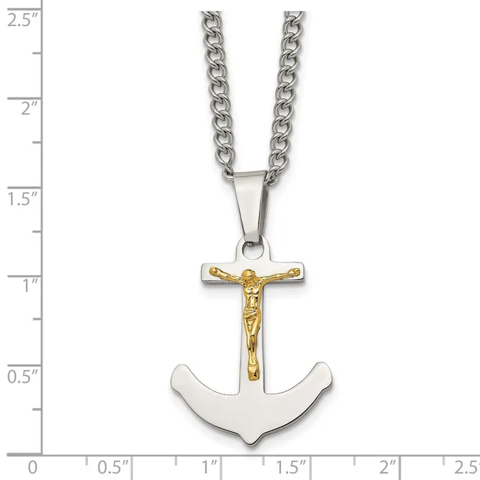 Necklaces TreasureFineJewelers Chisel Stainless Steel Polished with 14k Gold Crucifix Anchor Pendant on a 24 inch Curb Chain Necklace