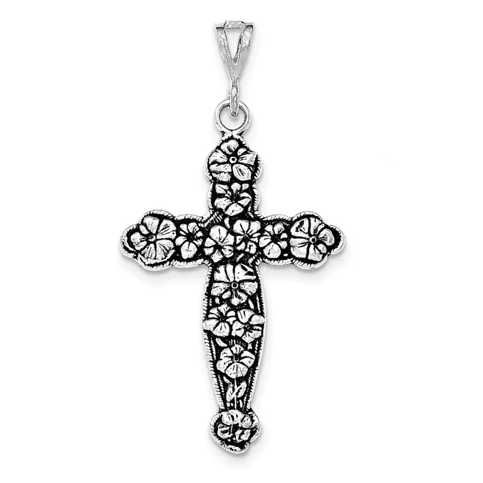 Necklaces TreasureFineJewelers Sterling Silver Antiqued Textured Large Floral Cross Pendant Necklaces TreasureFineJewelers Sterling Silver Antiqued Textured Large Floral Cross Pendant