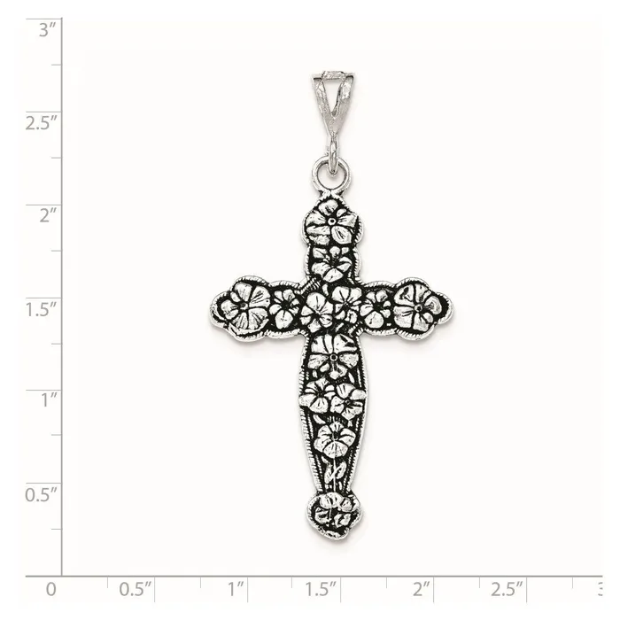 Necklaces TreasureFineJewelers Sterling Silver Antiqued Textured Large Floral Cross Pendant