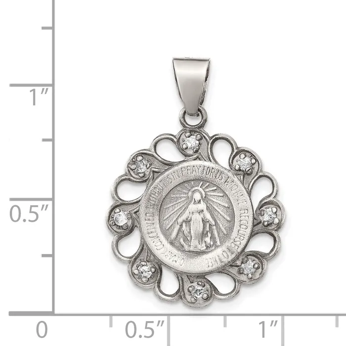 Necklaces TreasureFineJewelers Sterling Silver CZ Antiqued Blessed Mother Pendant